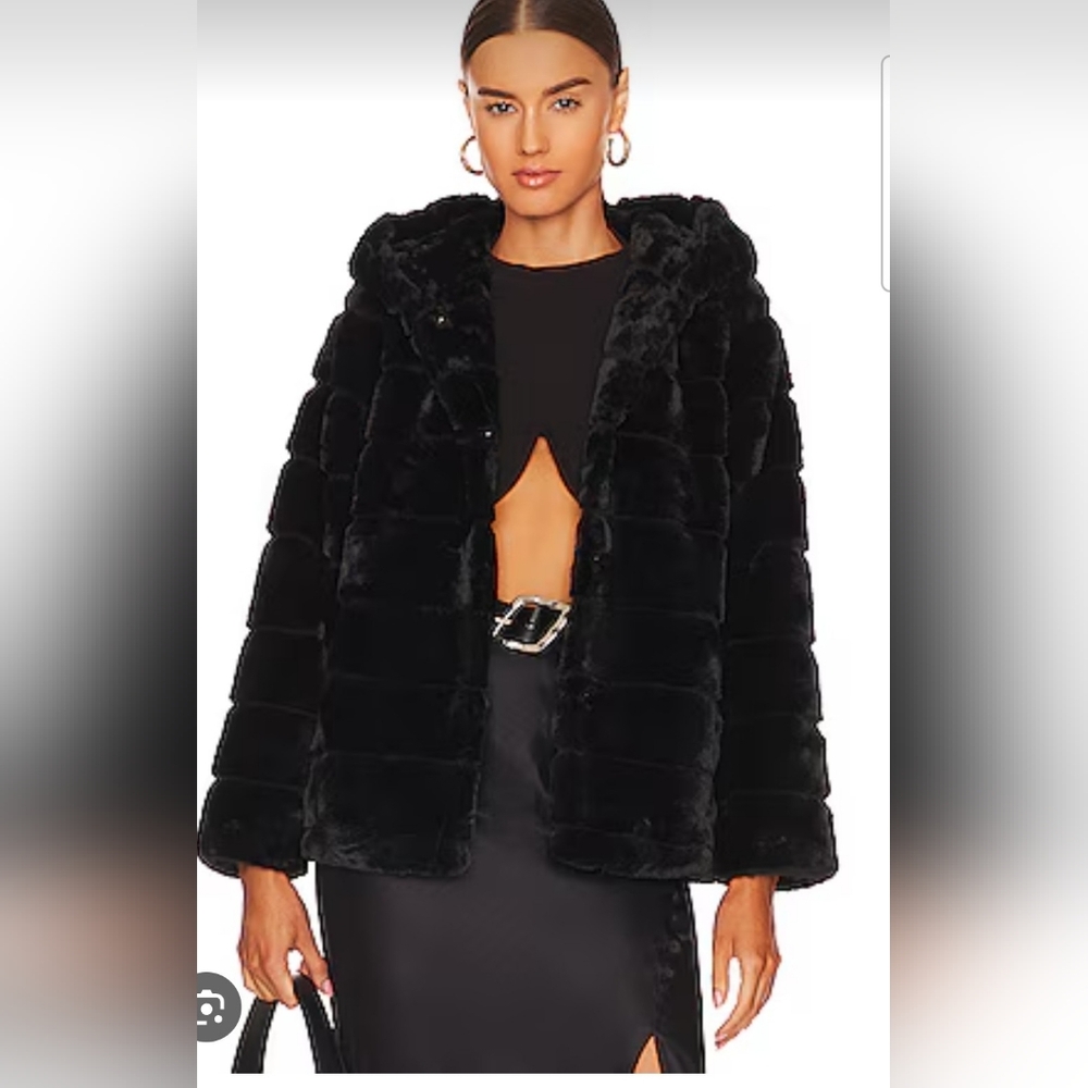 LAUNDRY BY SHELLI SEGAL FAUX FUR BLACK COAT With HOOD SIZE XS